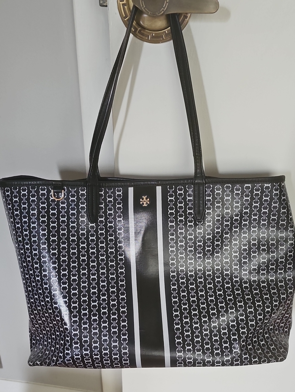 Tory Burch Black and White Monogram Stripe Tote